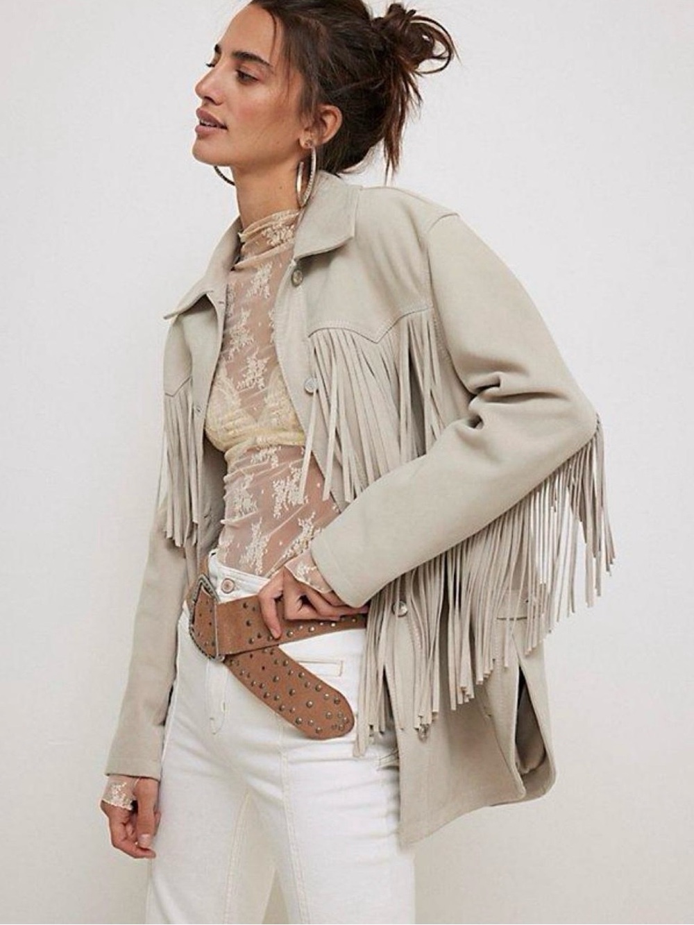 NWT We The Free Fringe Out Suede Leather Jacket-Dove Ivory